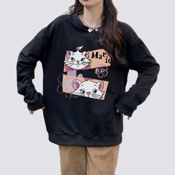 XiaoZhaiNv Sweater Oversized Wanita Cat Anime Pattern Lengan Panjang Korean Style