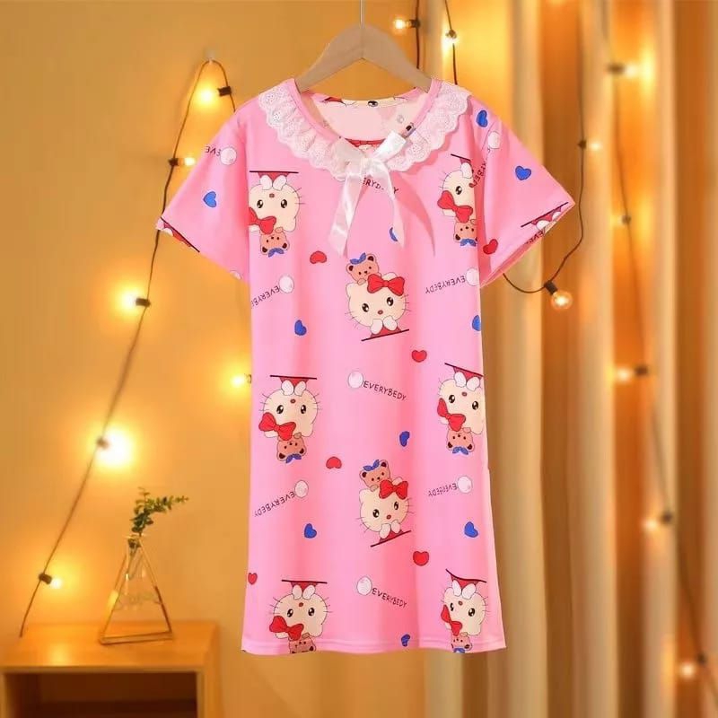 [5-12Th] baju tidur daster dress leher renda kartun karakter import 5 6 7 8 9 10 11 12 tahun xs-0308r / piyama daster anak import printing karakter kartun 5 - 12 tahun