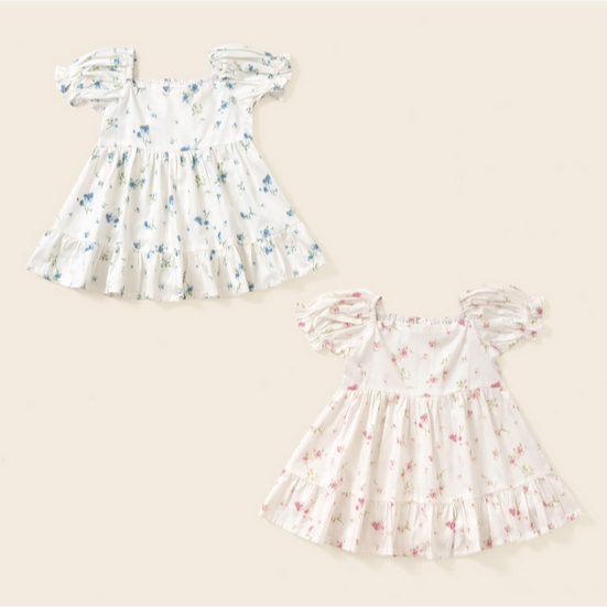 Little Folk Aubrey Dress - Baju Anak Perempuan Terusan Dress Lembut Ruffle Dress Flowy Floral Rumahan Party Simple Puffy