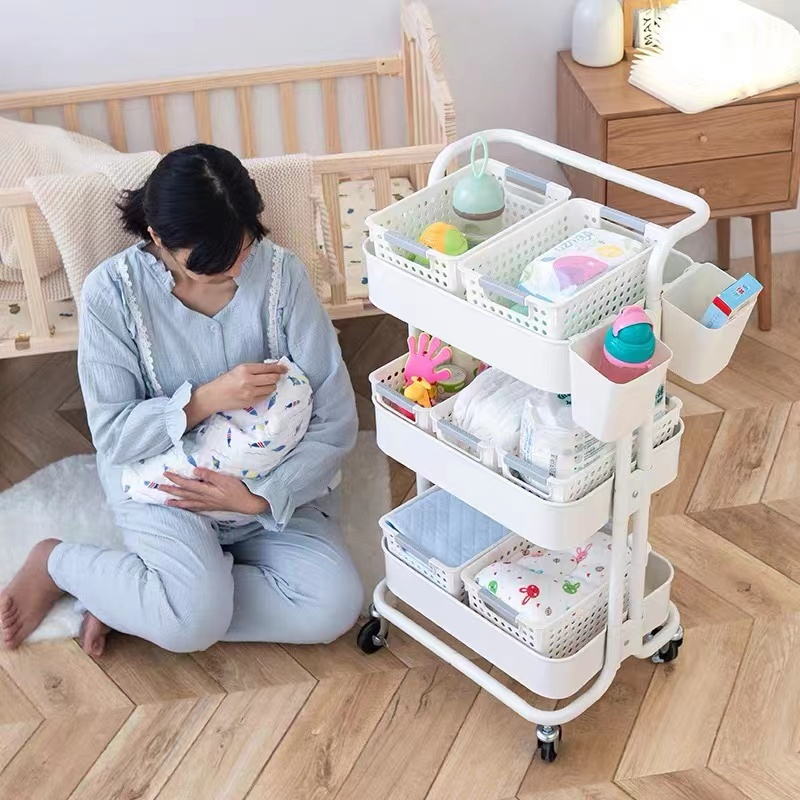Rak Troli Keranjang Trolley Organizer Bayi Baru Lahir Organizer Dengan Keranjang Lebar 3-Tier Keranjang Utilitas Kamar Tidur