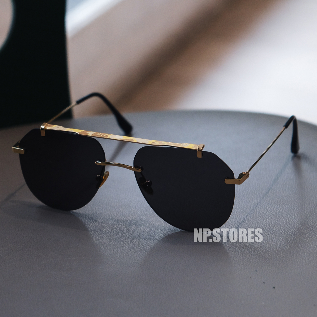 Kacamata Hitam Model Frame Less Metal Black Gold Terbaru Dan Manly Sunglass Untuk Pria Cowok Cakep D