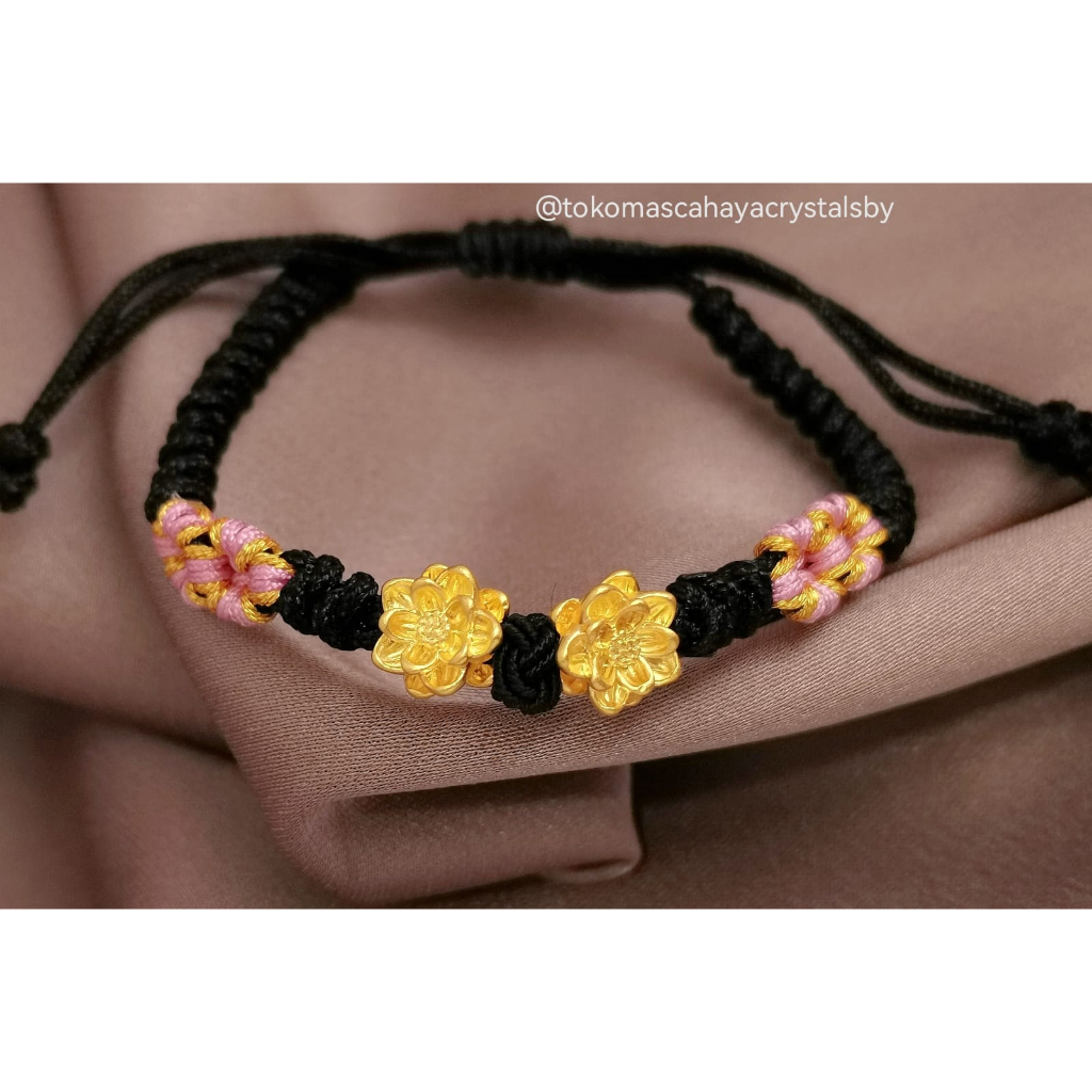 Gelang Charm 2 Teratai / Lotus Besar emas kadar 24k HK Hongkong 999% 999 &amp; Gelang Batu Variasi Serut