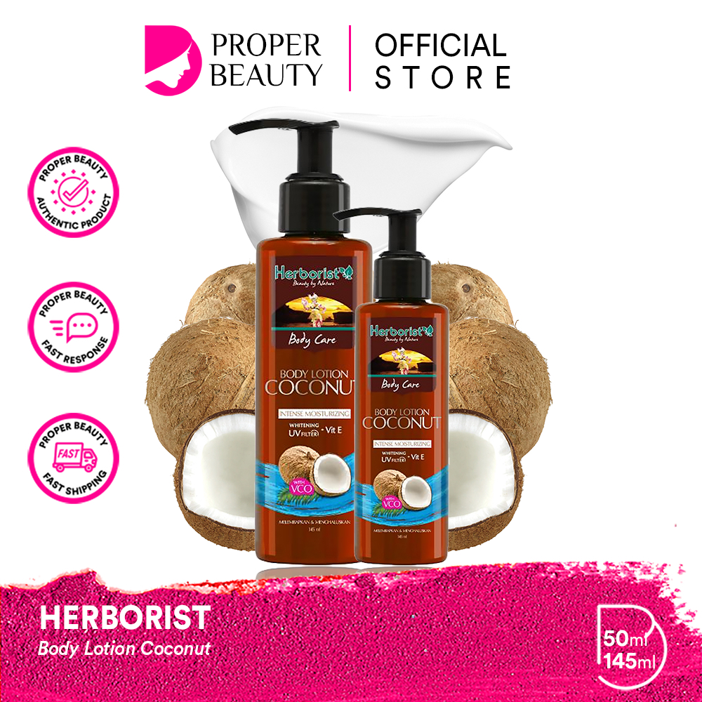 HERBORIST Body Lotion Coconut Indonesia / 50ml 145ml / Intense Moisturizing Whitening UV Filter Vit E With VCO Melembabkan &amp; Menghaluskan / Skincare Care Scrub Gel Butter Serum Treatment Perawatan Kulit Tubuh / Juicy For Skin Lulur Bali Zaitun Frangipani