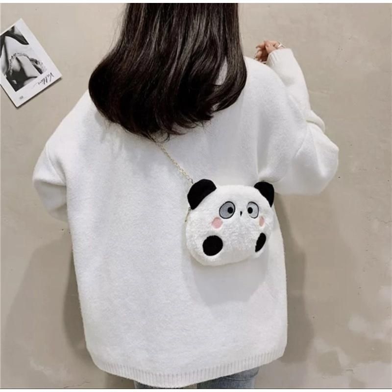 Tas Selempang Boneka Kepala Panda Sling Bag Bulu Rasfur Lembut Slempang Wanita Lucu Korean Style