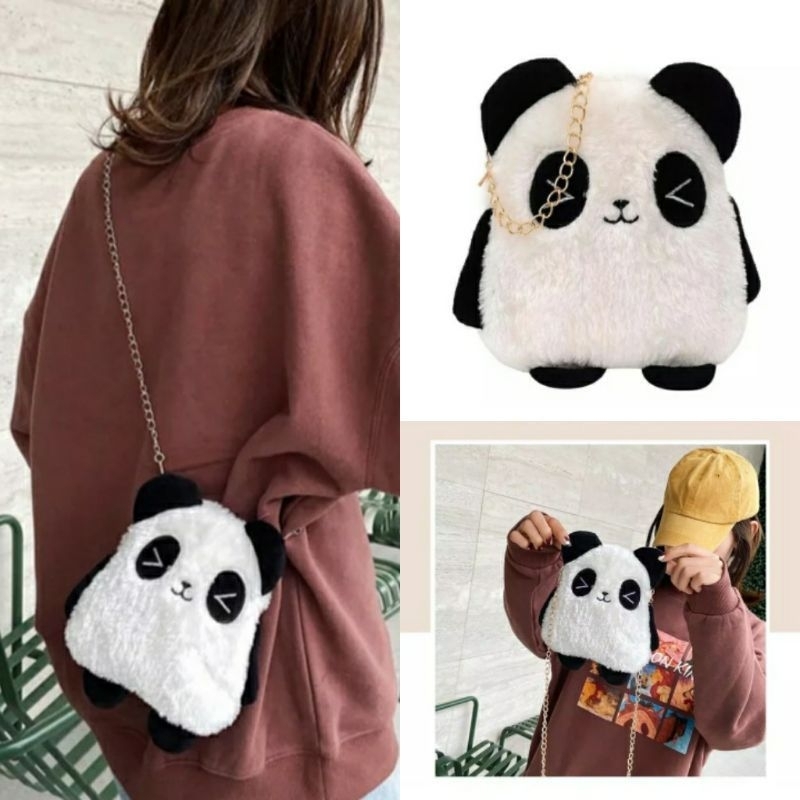 Tas Selempang Boneka Panda Bulu Rasfur Lembut Slingbag Anak Wanita Lucu Korean Style