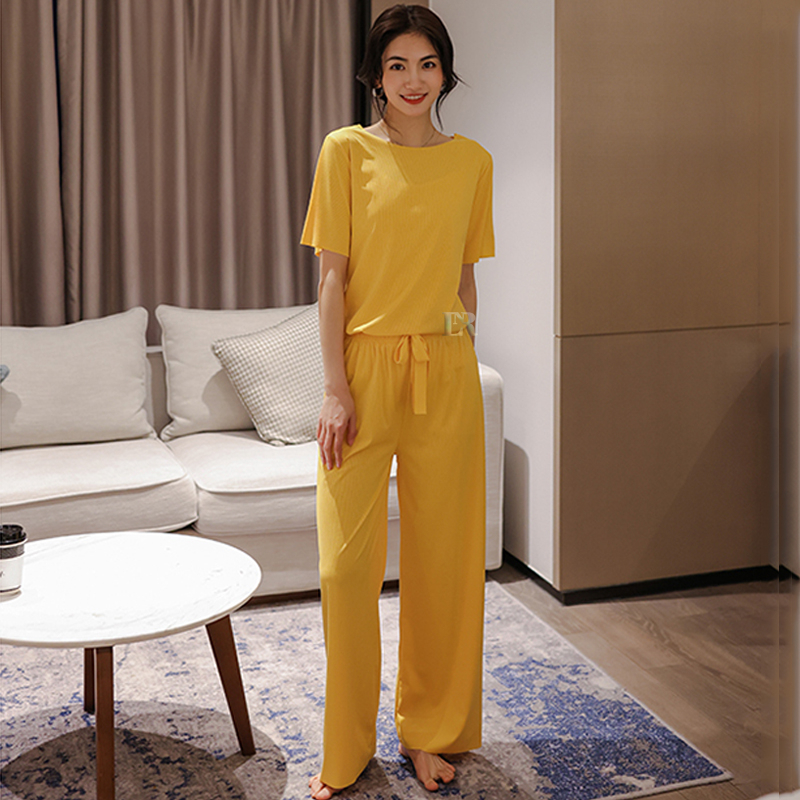 LNR Shop Setelan Import One Set Lengan dan Celana Panjang Motif Polos Cuttingan Tanpa Jahit Bahan Ice Silk Piyama Baju Tidur Santai Korea Halus Adem Wanita Dewasa Remaja Perempuan