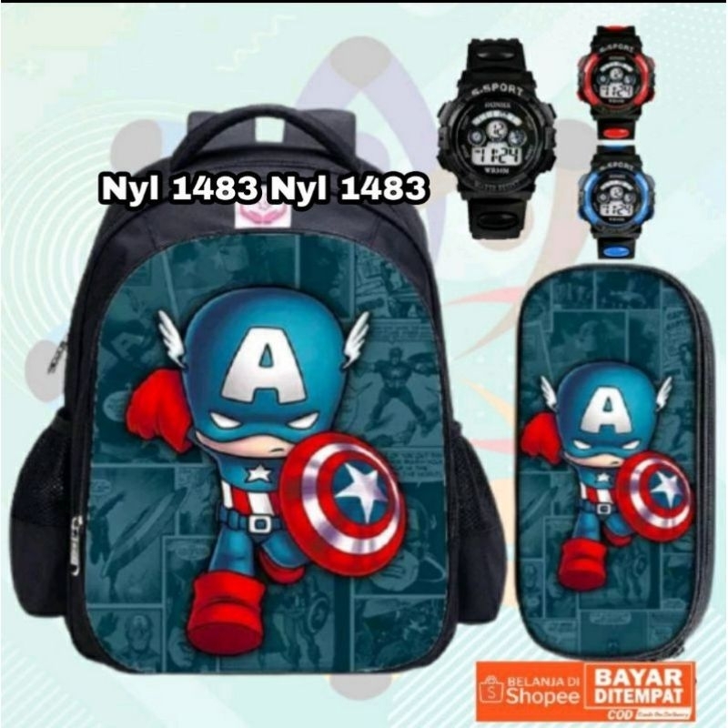 [ BISA COD ] Ransel Anak Tas Sekolah Anak Laki Laki Sd Motif Superhero Free jam tangan