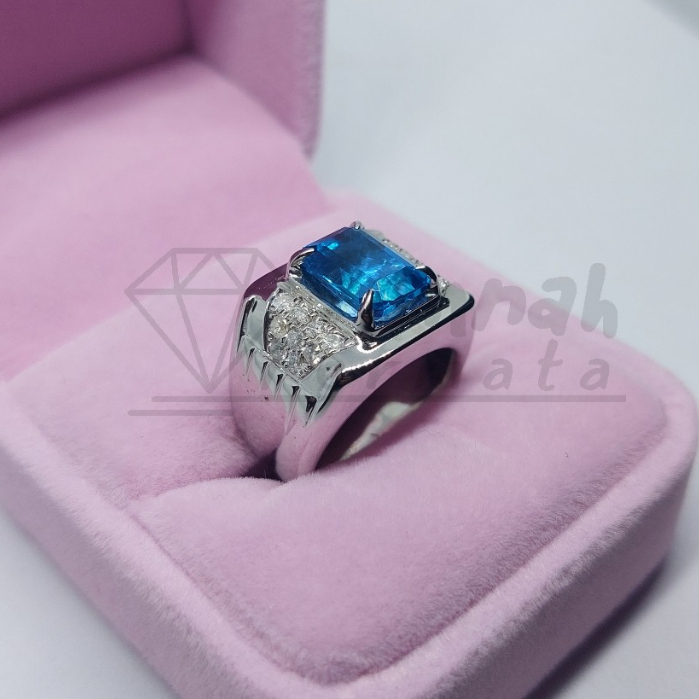 Cincin Berlian Pria Natural Berlian Blue Topaz Original Asli Murah Intan Perak