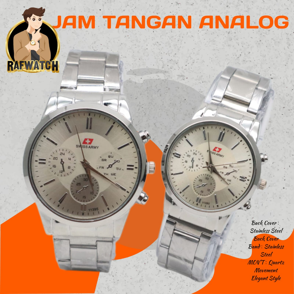 Jam Tangan Pasangan Pria Wanita Analog Casual Rantai Stainless Silver Hitam RPA11