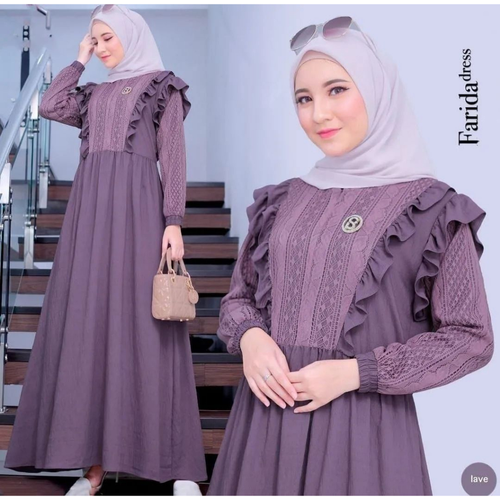 Baju Wanita Model Baru 2023 / Farida Dress / Gamis Terbaru Lebaran Bahan Cringcle airflow Mix Brukat