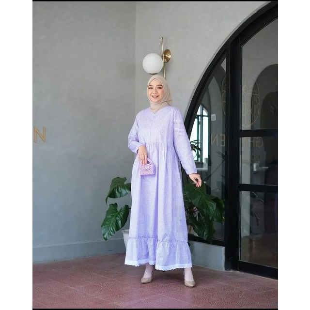 kamila midi dress muslimah dres katun terbaru gamis kotak kotak maxi casual motif