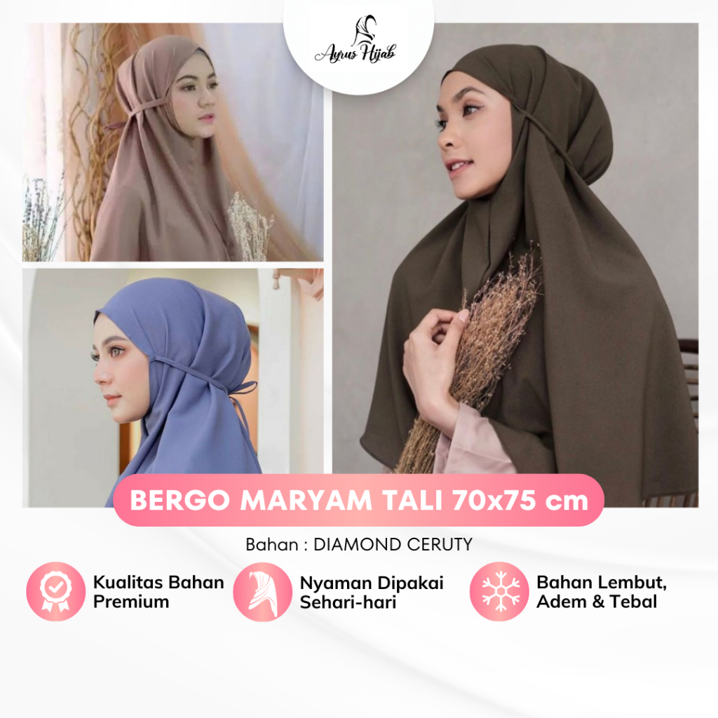 Jilbab Instan Aisyah Bergo Maryam Non Ped Jahit Tepi 70x75 Cm Diamond Ceruty Adem Dan Jatuh Kerudung