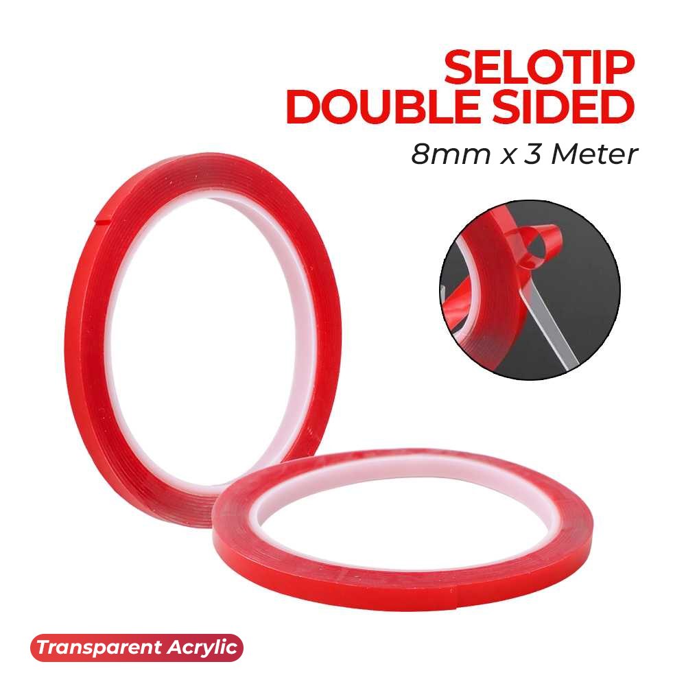 

Double Tape Doble Tip Bening 8mm x 3m Lem Super Kuat Acrylic Anti Air Adhesive Transparent No Trace Sticker Red