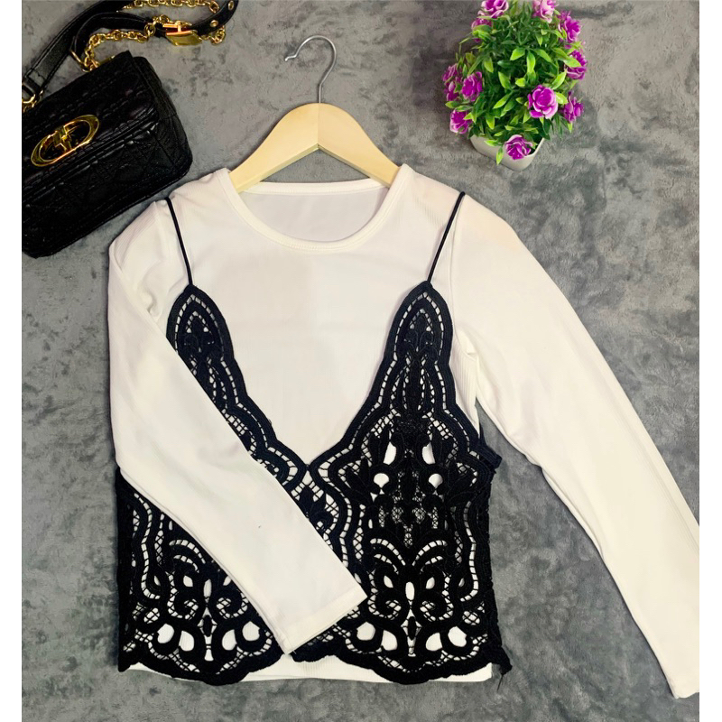 Atasan Brukat Luaran Hitam Renda - Atasan wanita Import