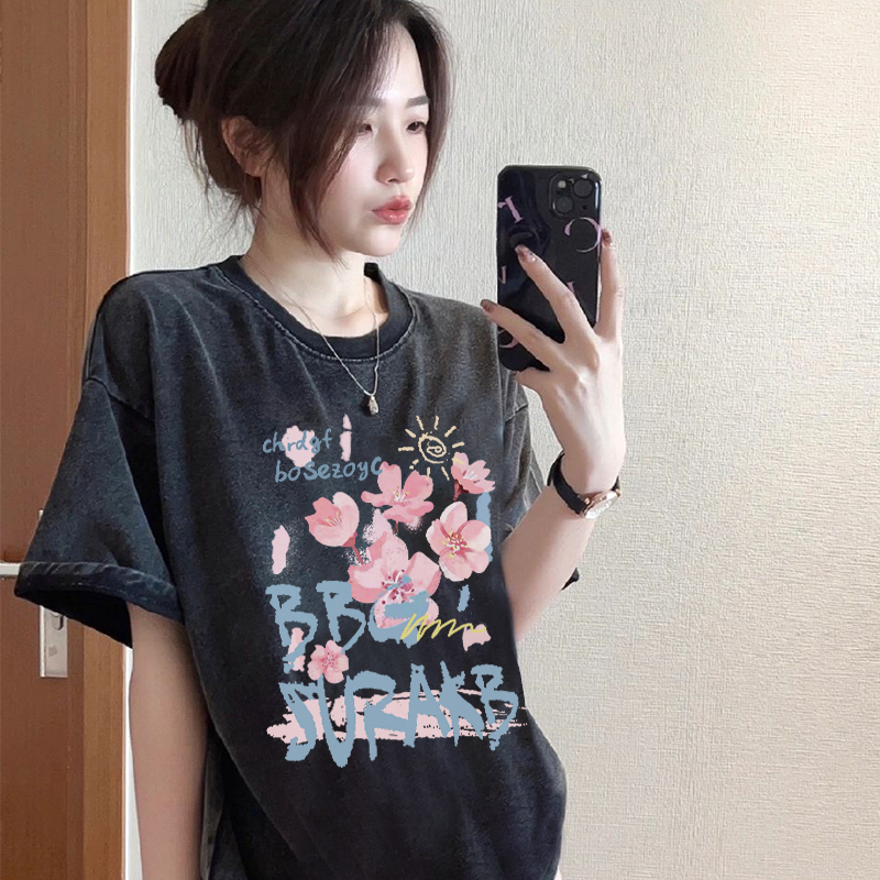 Print Washed T-shirt Kaos Lengan Pendek Oversize Cartoon Cherry Blossoms Korean Style Atasan Wanita