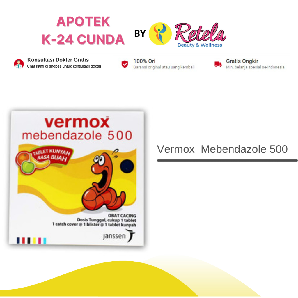 Vermox  Mebendazole 500 Mg 1 Blister / Obat Cacing