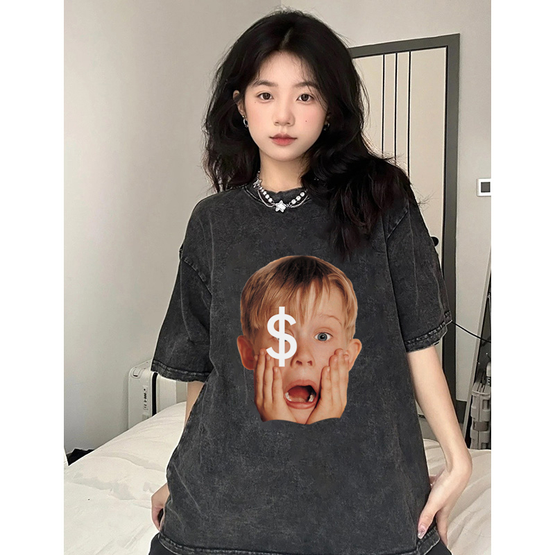 EUNII T-shirt Lengan Pendek Black Washed Vintage Dollar Boy Printing Korean Style/Kaos Atasan Wanita/Baju Wanita/Kaos Wanita