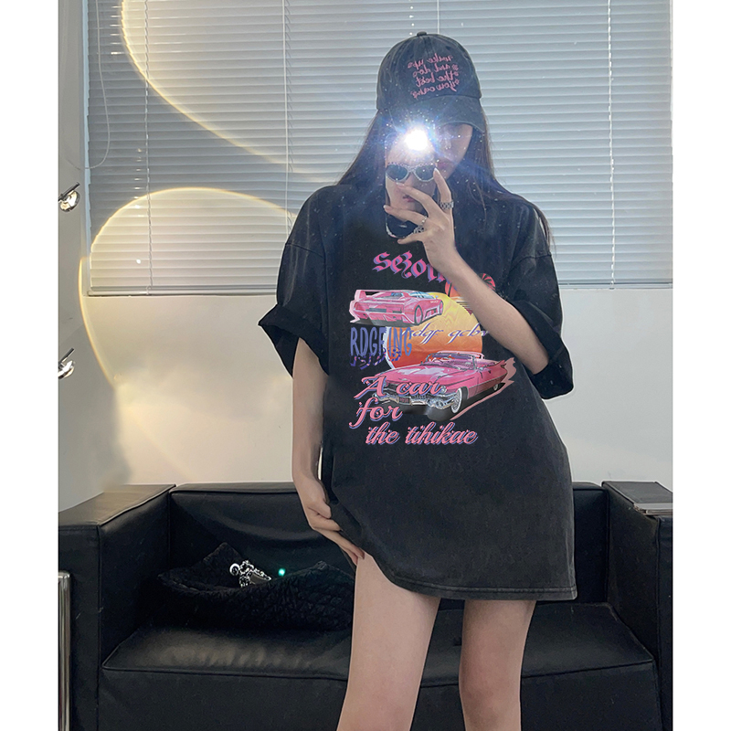 EUNII T-shirt Lengan Pendek Black Washed Retro Cartoon Pink Car Printing Korean Style/Kaos Atasan Wanita/Baju Wanita/Kaos Wanita