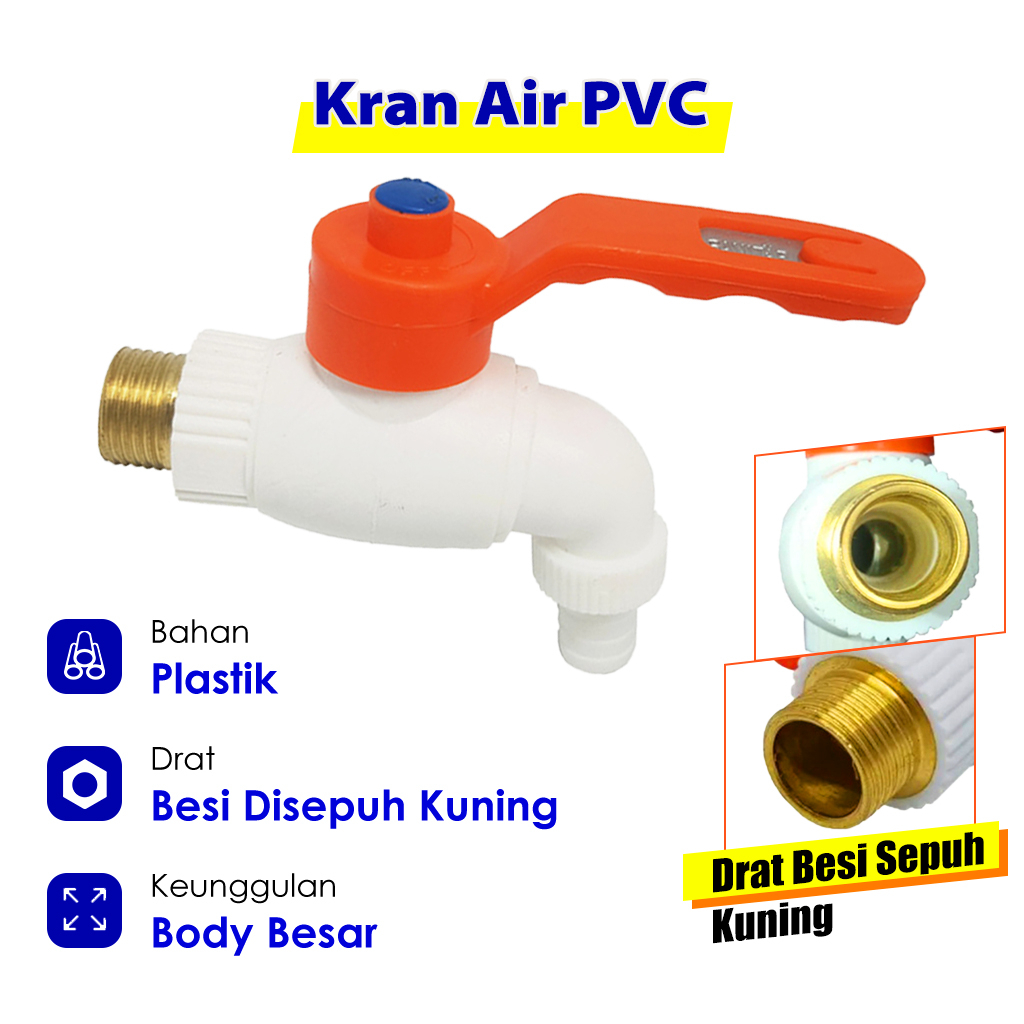 Keran Air Tembok Taman / Kran PVC Jumbo Turkey Drat Kuningan - Kran Tembok PVC Jumbo Keran Air Taman / Engkol Drat Kuningan Tuas Besi