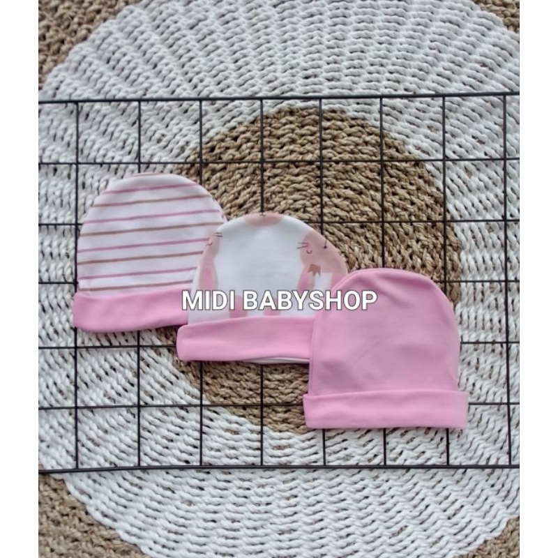 Serian Pink - 3 Pcs Topi Kupluk Bayi Baru Lahir Topi Bayi 0 - 3 Bulan Pink Series Pip Mim Babywear