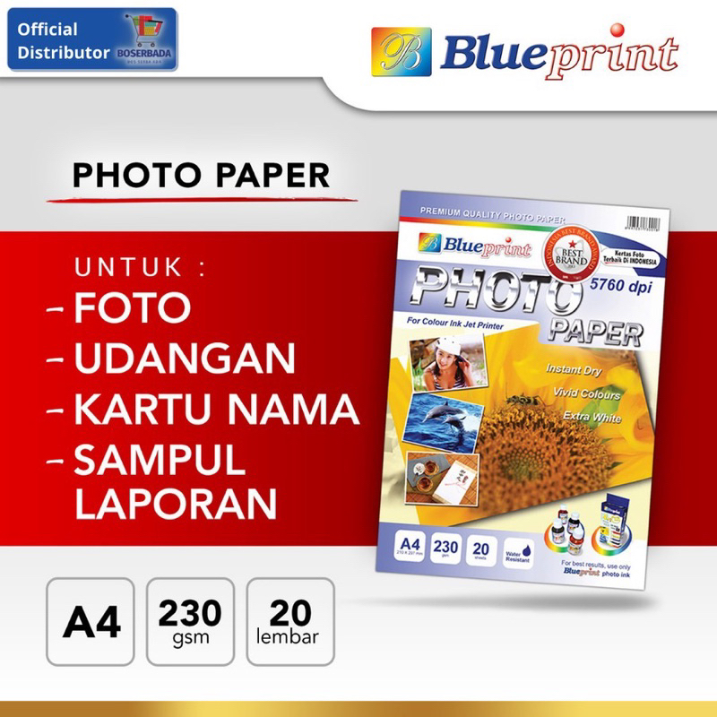 

Kertas Foto A4 BLUEPRINT Glossy Photo Paper 210 Micron A4 - 20 Lembar