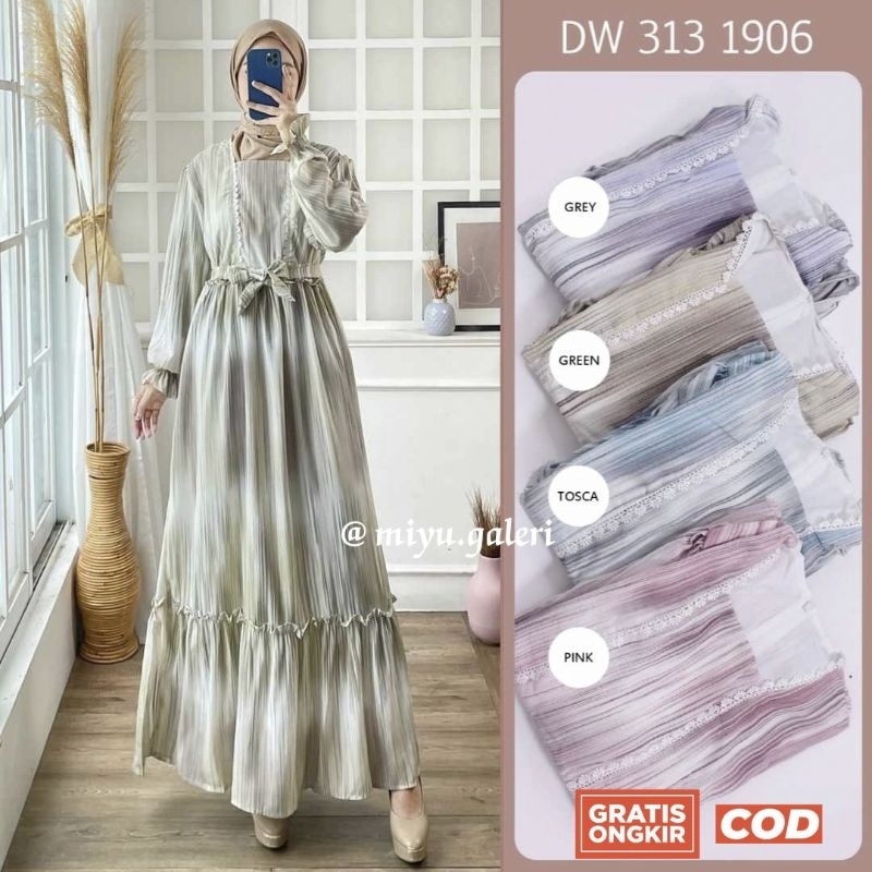 Kiran Gamis Dress Wolfis Hanami Premium Import motif abstrak renda ruffle putih vintage biru green h