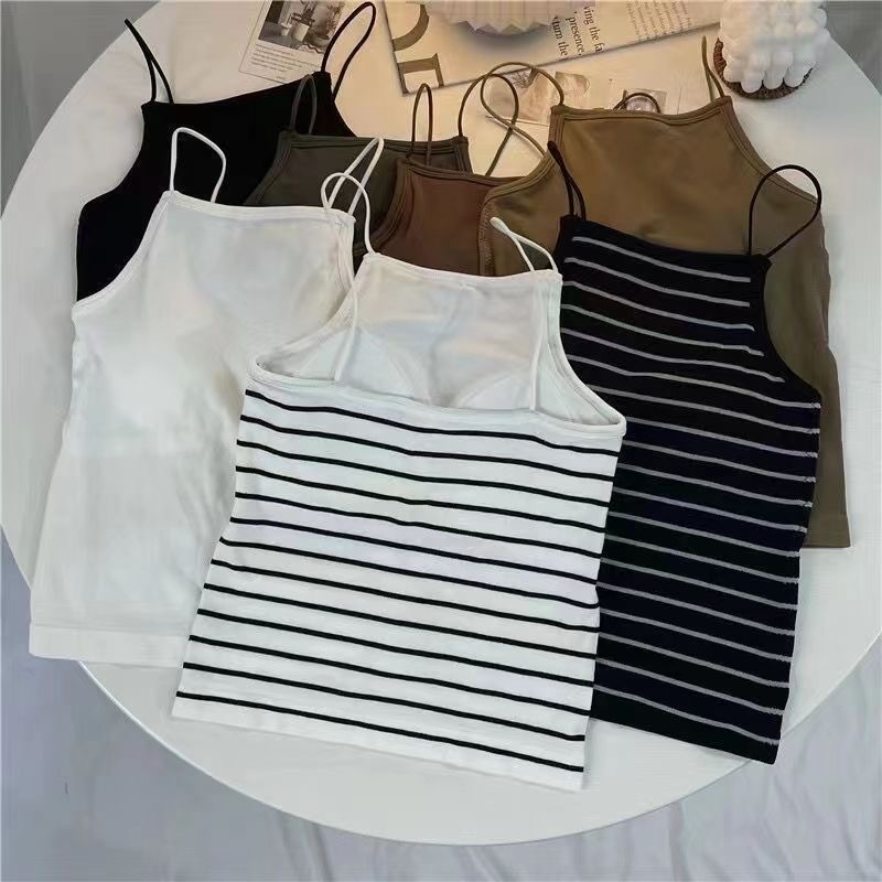 Tanktop fashion motif garis fashion wanita korea french style tanpa lengan baju fashionable