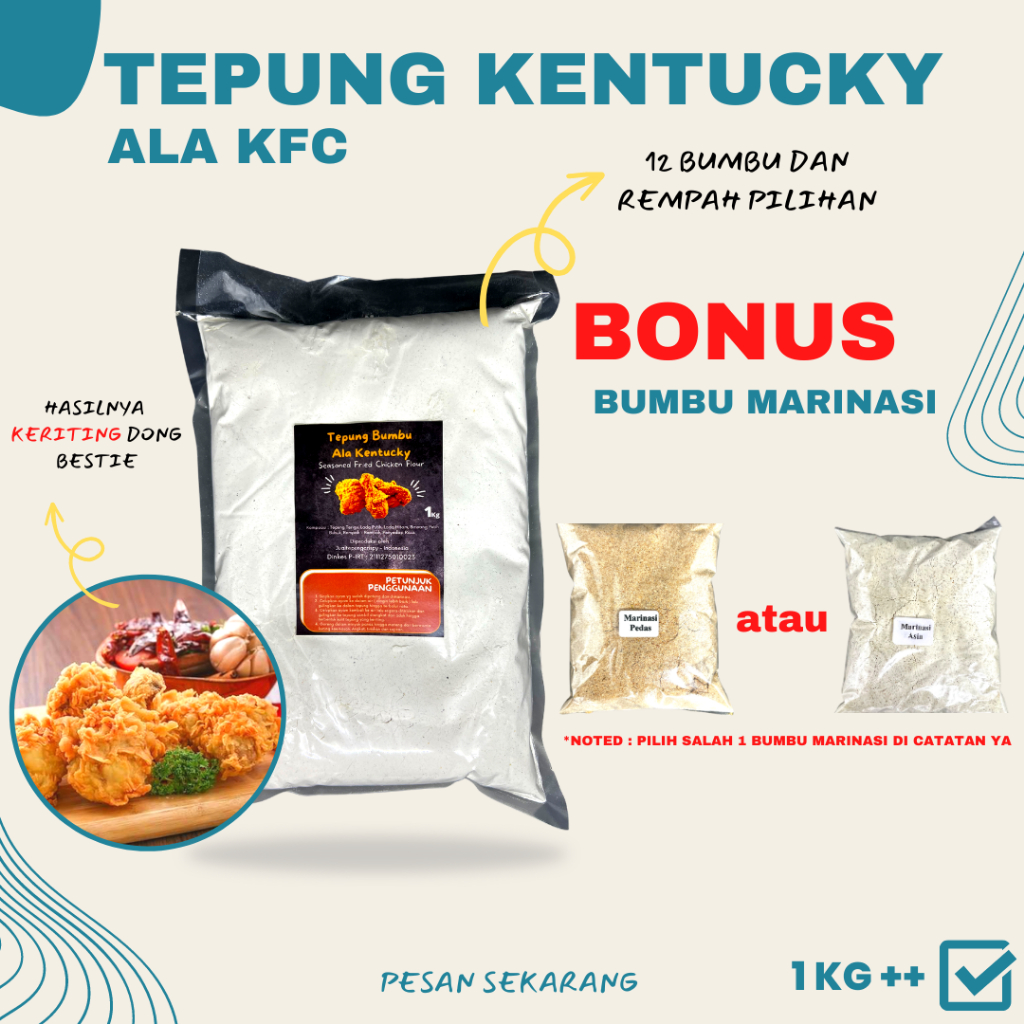 

SePaket Tepung Bumbu Ala Kentaki Bonus Bumbu Marinasi Kentucky Cobain Dulu!