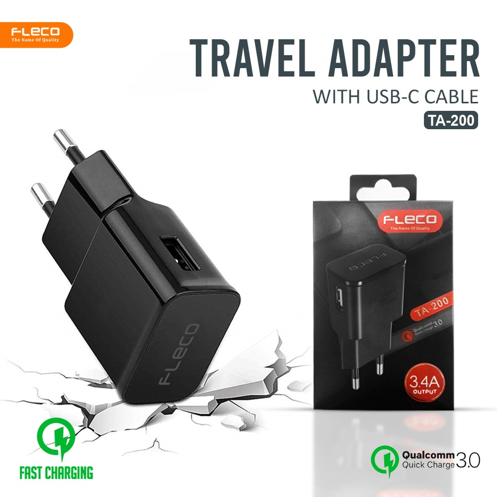 Adaptor Charger Single USB Port 2A Travel FLECO TA-200