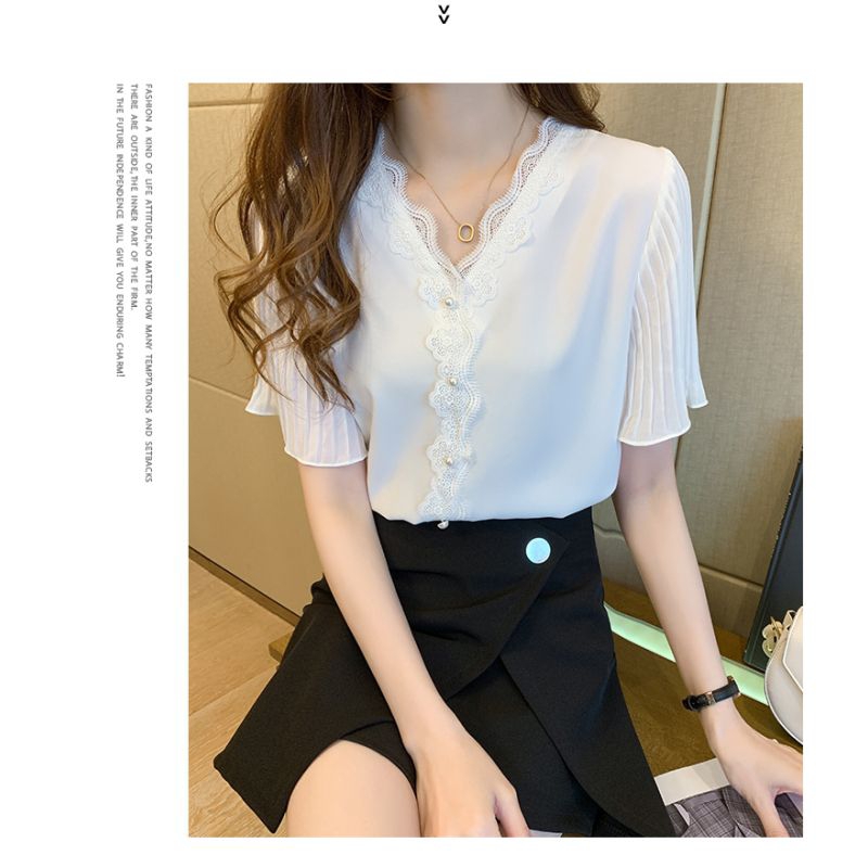 Blouse wanita warna muda model kerah gelombang bermotif sifon Korea lengan pendek elegant