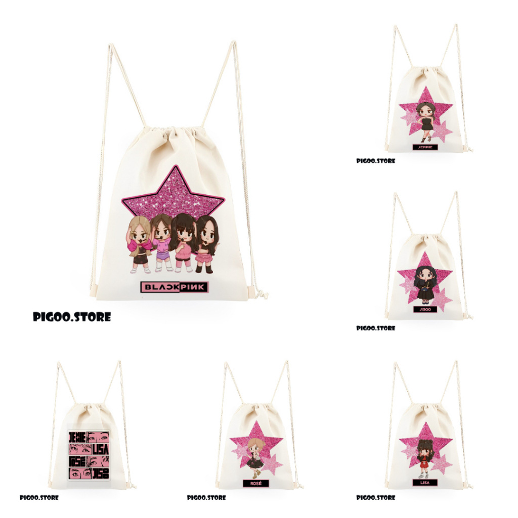 Tas Serut gendong Kanvas Putih Blackpink / Tas Kpop Korea /  Tas Wanita aesthetic / Tas Serut Anak /