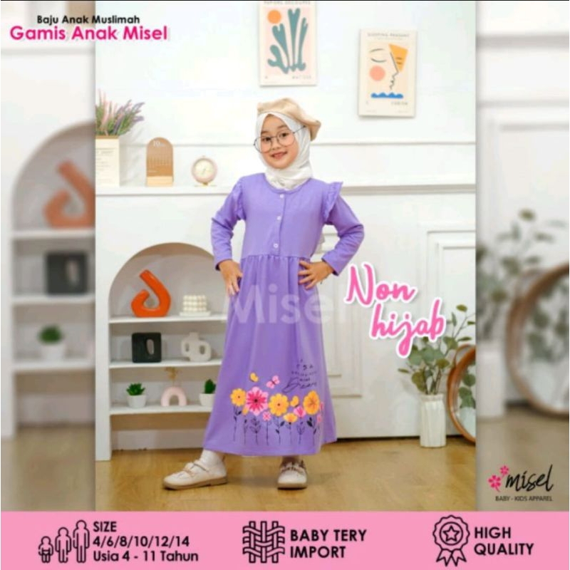 Gamis anak harian misel warna LILAC  non jilbab bahan babytery import premium 4-10tahun