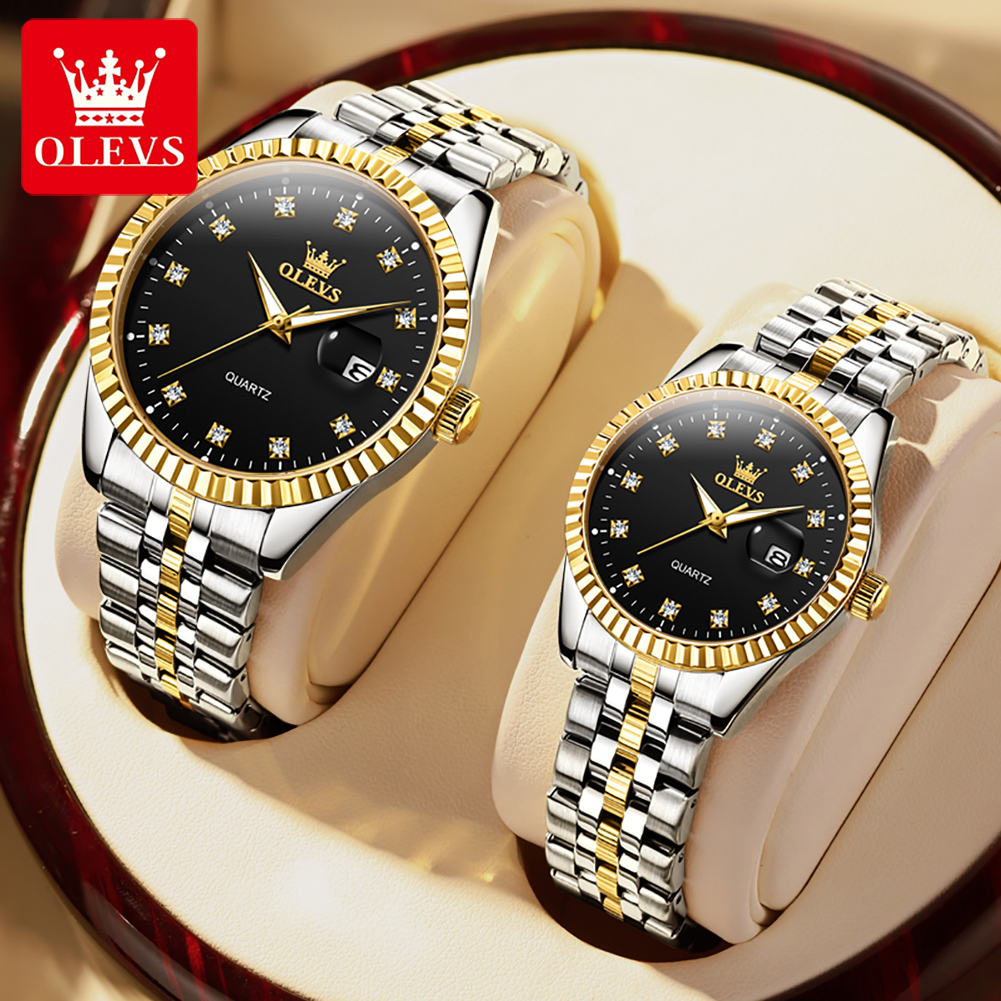 OLEVS Jam Tangan Couple Pasangan Anti Air Original Waterproof Stainless Steel Terbaru 2023 Kasual Analog Emas Hitam Putih Model 5526