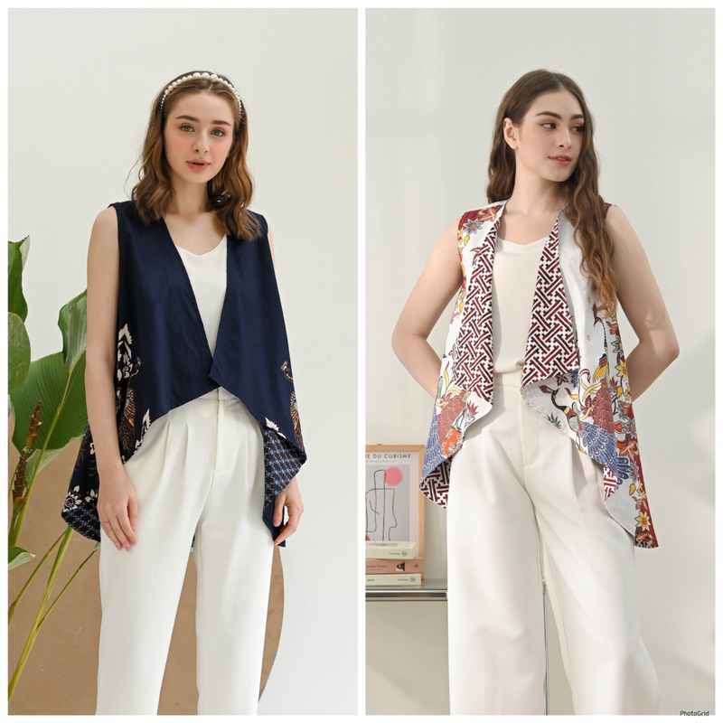 Pikoi_id | Vest batik wanita modern bolak balik tanpa lengan / Rompi outer batik putih navy 3424 158