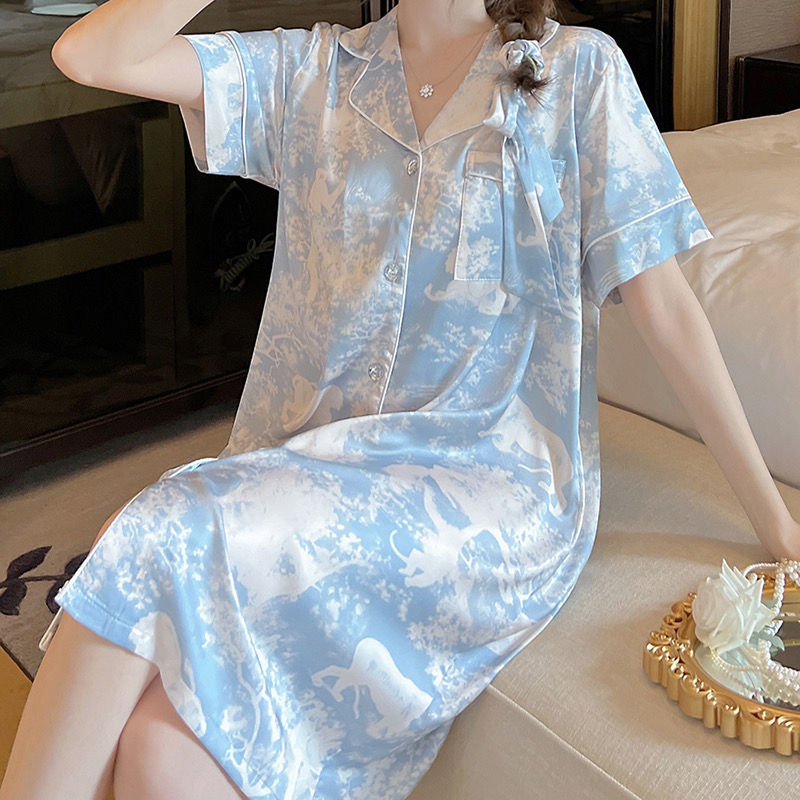 2025 Ink jungle printing es sutra baju tidur rok panjang wanita rok piyama kemeja sutra bernilai