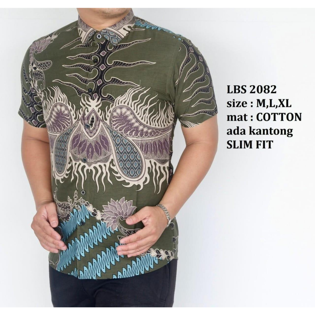 BatikBule Kemeja Batik Slimfit Pendek Motif Casual Warna Hijau &amp; Ungu LBS 2082 &amp; 2083