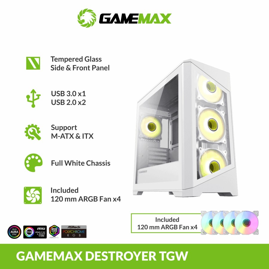 Casing PC Gamemax Destroyer Tempered Glass White Micro ATX