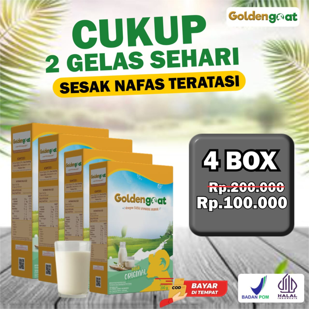 

4 BOX GOLDENGOAT SUSU KAMBING ETAWA ASLI, HARGA MURAH DAN BERKUALITAS, 1 BOX ISI 200GRAM SUSU ETAWA BUBUK