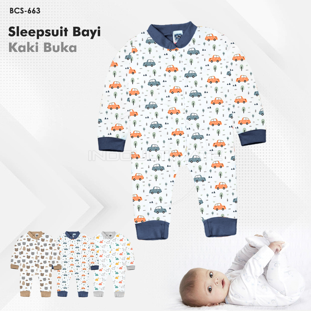 Sleepsuit BCS-663 Jumpsuit Panjang Kaki Buka Piyama Newborn Full Print Jumper Bayi Baju Panjang Bayi Katun Model Terbaru 2023 Baju Tidur Panjang Kaki Buka Murah Kualitas Terbaik