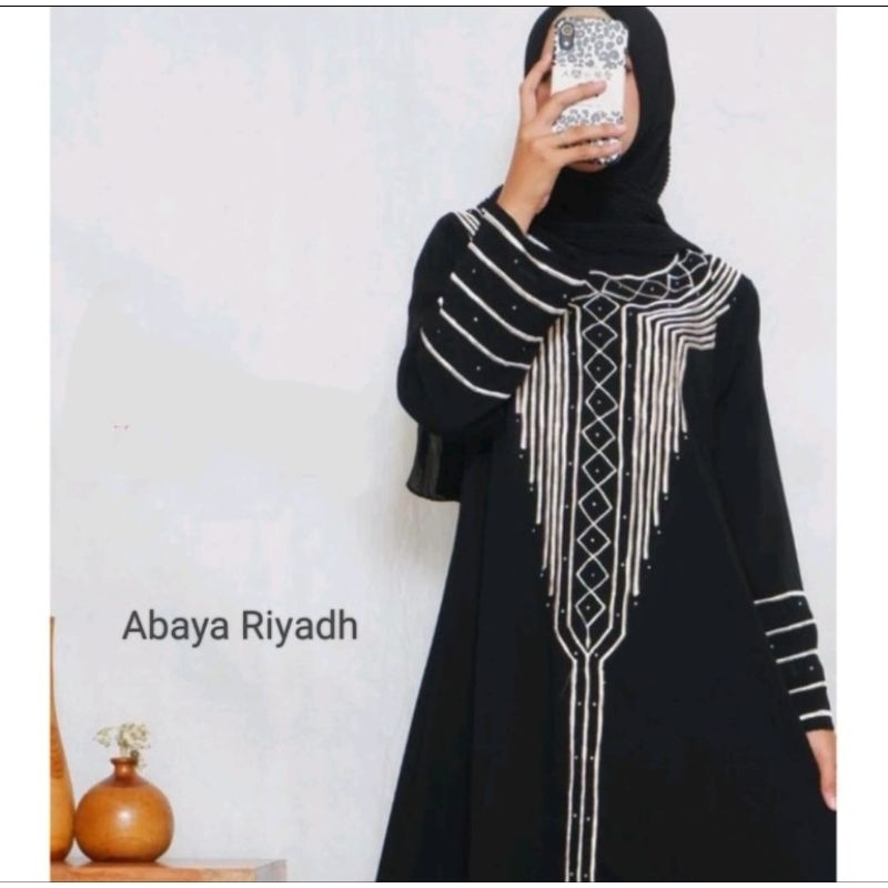Abaya Riyadh abaya hitam jetblack kombinasi bordir putih