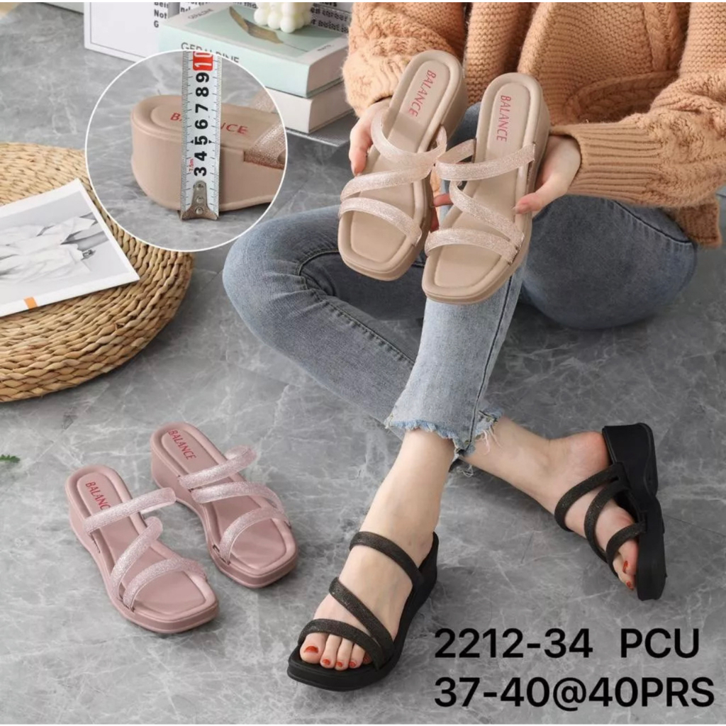 Sandal Selop Wanita Karet WEDGES BALANCE 2212-34 Motif Tali Silang Glitter Size 37-40