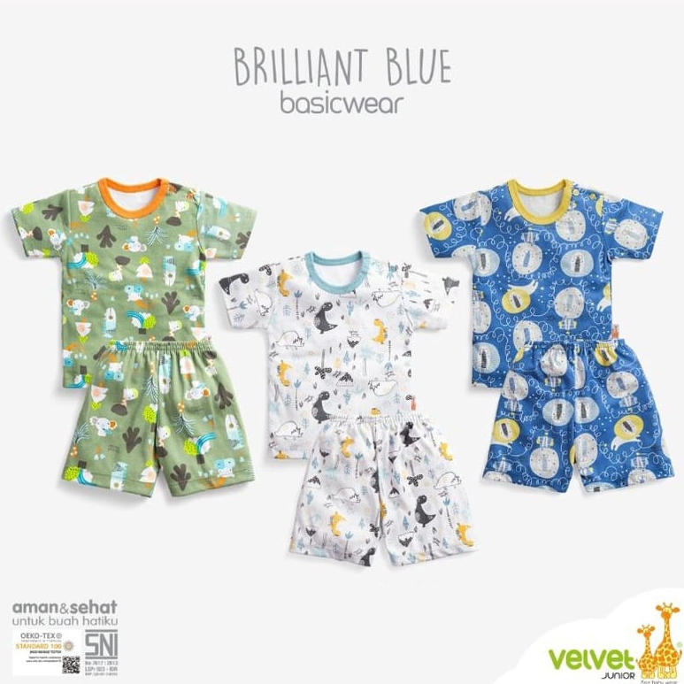 Velvet Junior 3 Setelan Pendek Oblong SML Baju Bayi Kacing Pundak Piyama Baby