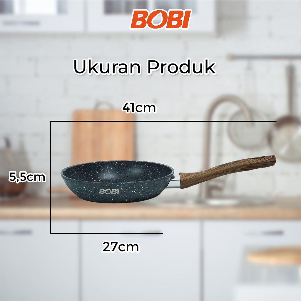 Frypan Cookware kode BB-F-24  atau Wajan Tebal 24cm Pegangan Kayu Anti Lengket / Frypan + Spatula (Warna Random)