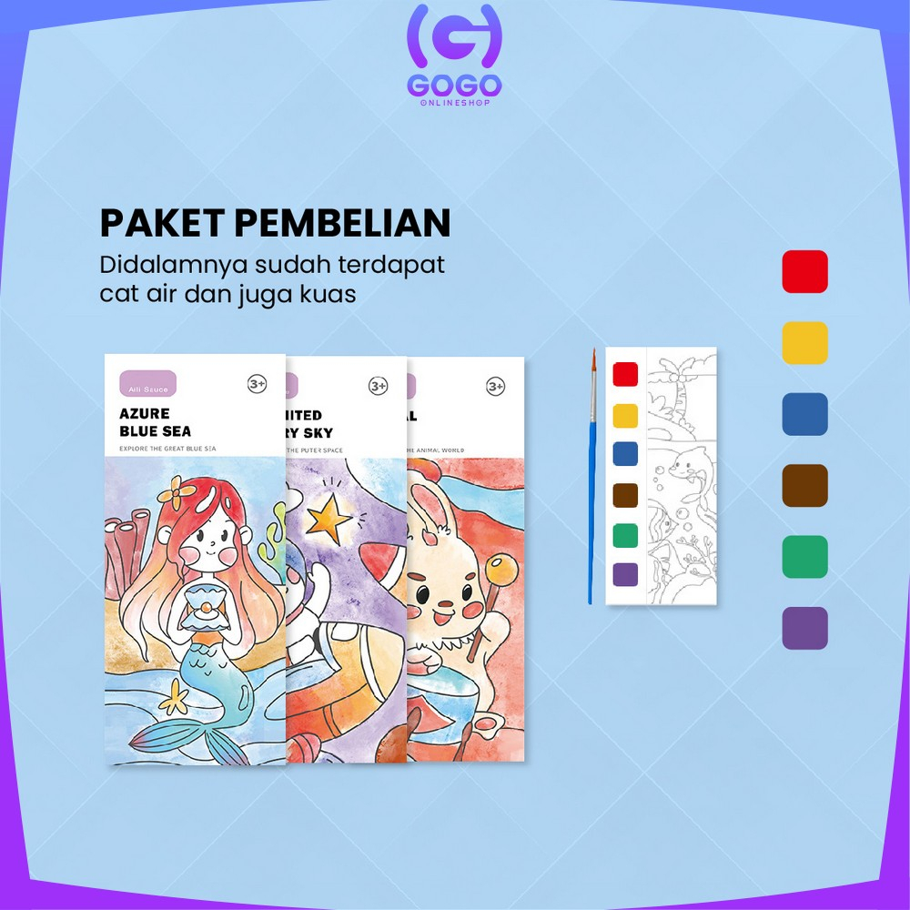 GOGO-A56 Buku Gambar Mewarnai Buku Lukis Cat Air Set Free Kuas / Buku Mewarnai Watercolor Book Coloring Edukasi Anak