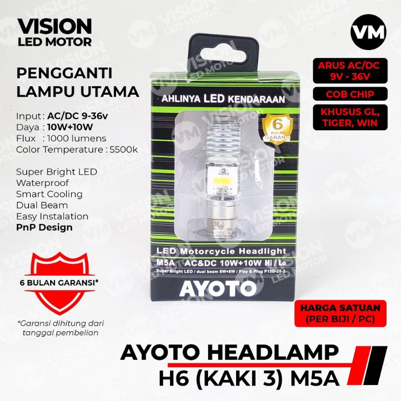 [AYOTO] LAMPU DEPAN H6/KAKI 3 LED M5A AC DC MOTOR GL/TIGER/WINBisa arus AC/DC Cocok untuk motor SUPR