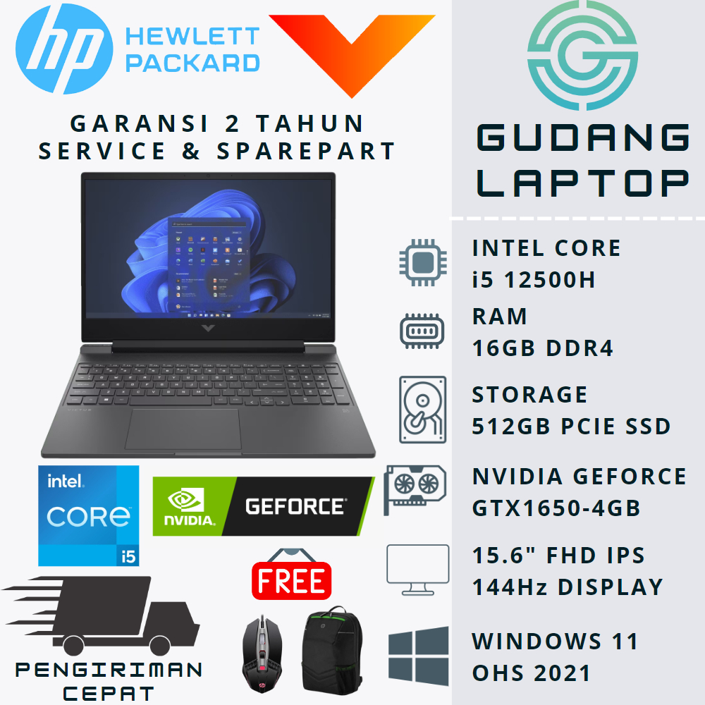 LAPTOP GAMING HP VICTUS 15 INTEL i5 12500H RTX3050 16GB 512GB 144Hz WIN11 BLACK