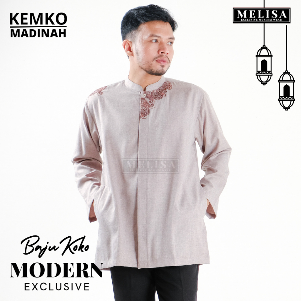 Baju Koko Pria Dewasa Katun Madinah Bordir Lengan Panjang Baju Muslim Remaja Laki Laki Ukuran M L XL - Coklat Susu