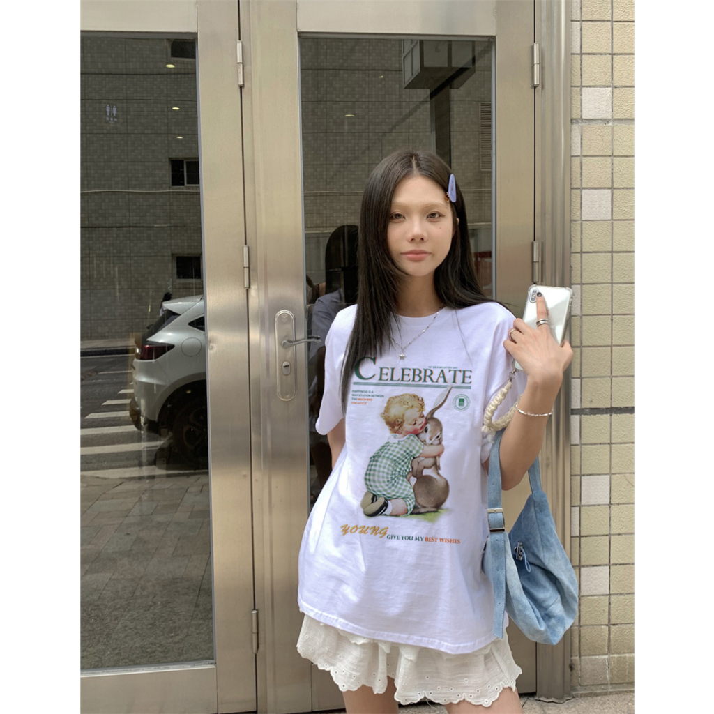 EUNII T-shirt Lengan Pendek Cartoon Boy Bunny Korean Style/Kaos Atasan Wanita/Baju Kaus Oversize Wanita/Kaos Wanita