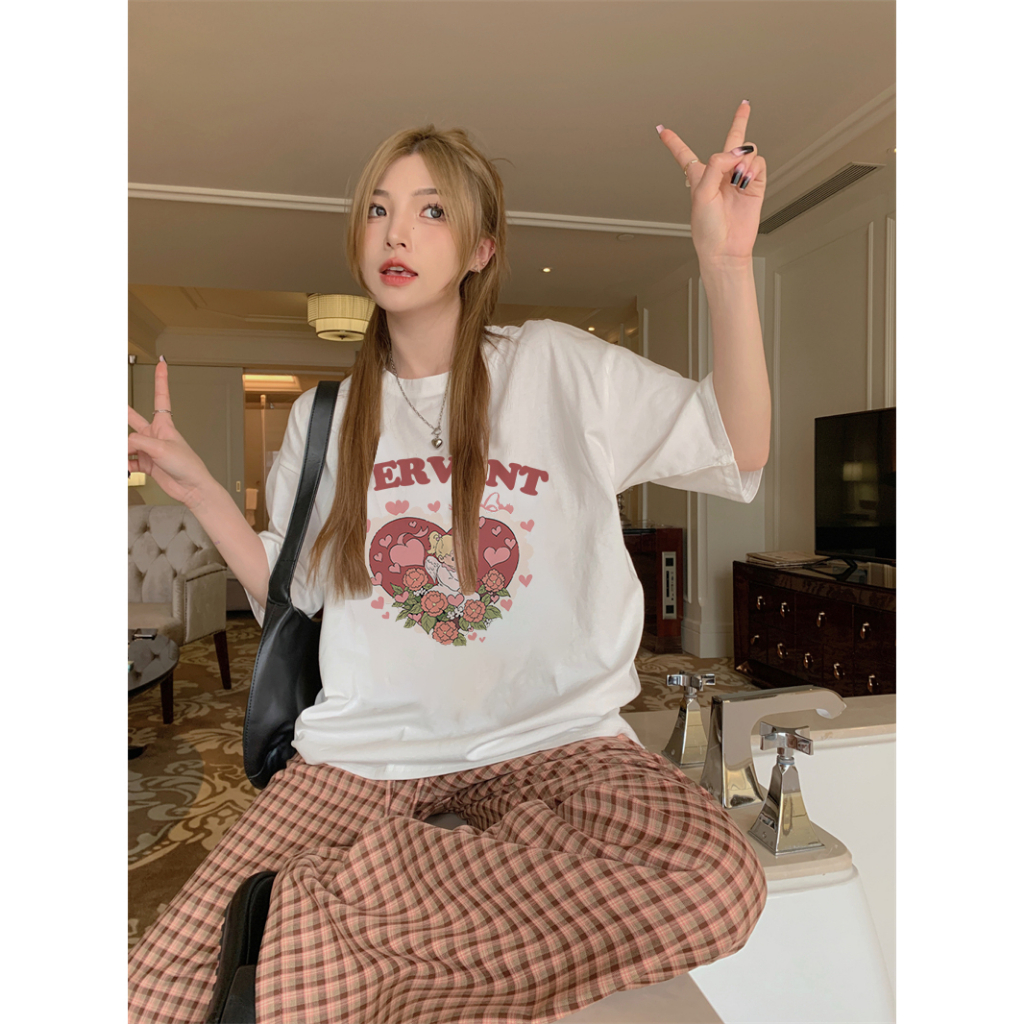 EUNII T-shirt Lengan Pendek Cartoon Love Angel Korean Style/Kaos Atasan Wanita/Baju Kaus Oversize Wanita/Kaos Wanita