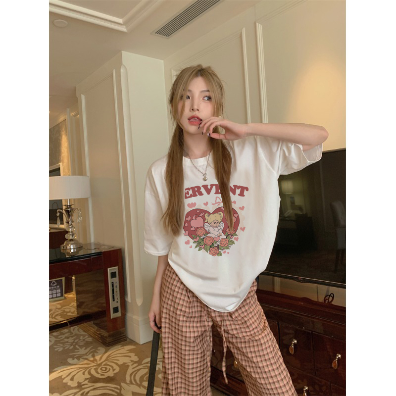 EUNII T-shirt Lengan Pendek Cartoon Love Angel Korean Style/Kaos Atasan Wanita/Baju Kaus Oversize Wanita/Kaos Wanita